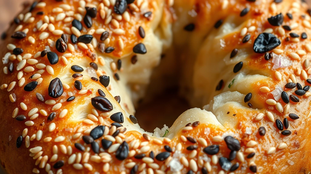 Close-up photograph of a freshly baked everything bagel showing sesame seeds, poppy seeds, minced garlic, dried onion, and coarse salt crystalline details on toasted surface, professional food photography