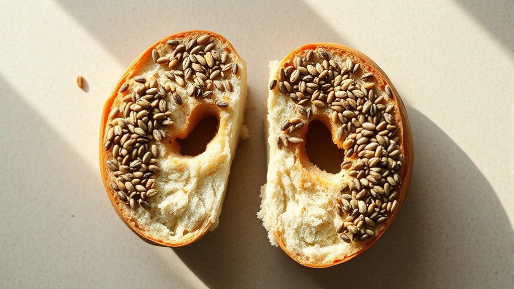 A fresh everything bagel cut in half showing the dense interior crumb structure and seed topping layer, photographed from above on a neutral background with natural morning lighting