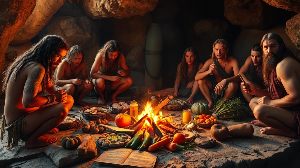 Ancient human ancestors gathered around campfire cooking meat and vegetables, warm golden light illuminating diverse natural foods on stone surface, realistic prehistoric scene, no text or labels