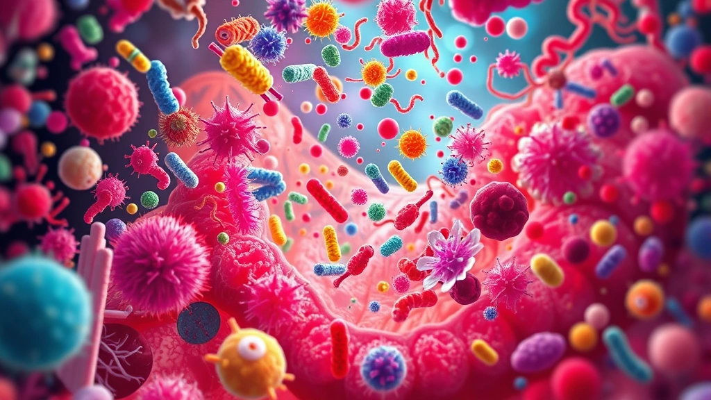 Microscopic view of diverse colorful bacteria and microorganisms in human digestive system, vibrant biological illustration style, scientific accuracy, no text overlay