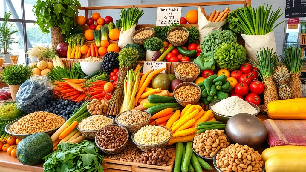 Modern farmer's market display with abundant diverse whole foods including vegetables, fruits, nuts, grains, and proteins arranged naturally, bright daylight, photorealistic abundance, no signage