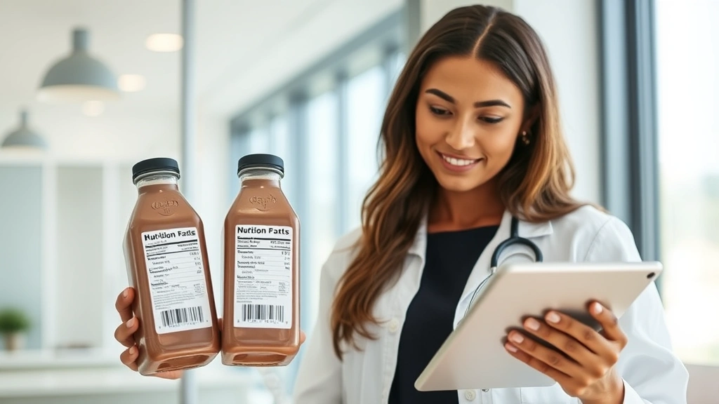Professional dietitian reviewing nutrition labels on premium chocolate milk bottles in modern clinic setting, analytical expression, natural lighting, digital tablet displaying nutritional data