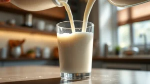 Close-up of milk being poured into a glass with light streaming through, showing clarity and purity of ultra-filtered milk product in modern kitchen setting