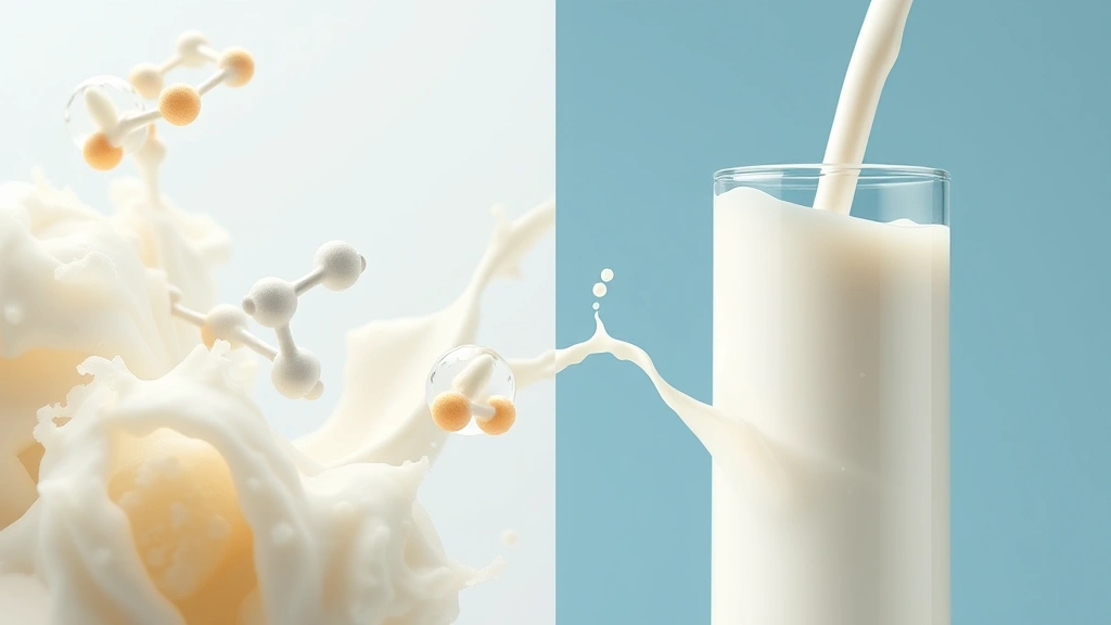 Split-screen comparison visualization showing protein molecules and nutrients, one side cloudy conventional milk, other side clear filtered fairlife milk, scientific aesthetic