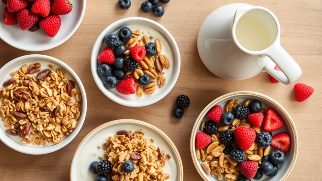 Overhead shot of diverse breakfast bowls with milk pitcher, featuring granola, berries, and nuts, representing healthy nutrition and dietary flexibility, warm natural lighting