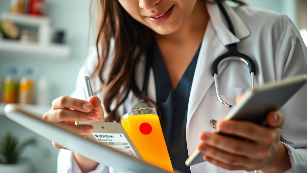 Close-up of nutritionist analyzing beverage nutrition labels on tablet, professional healthcare setting, soft natural lighting, diverse expert evaluating product data