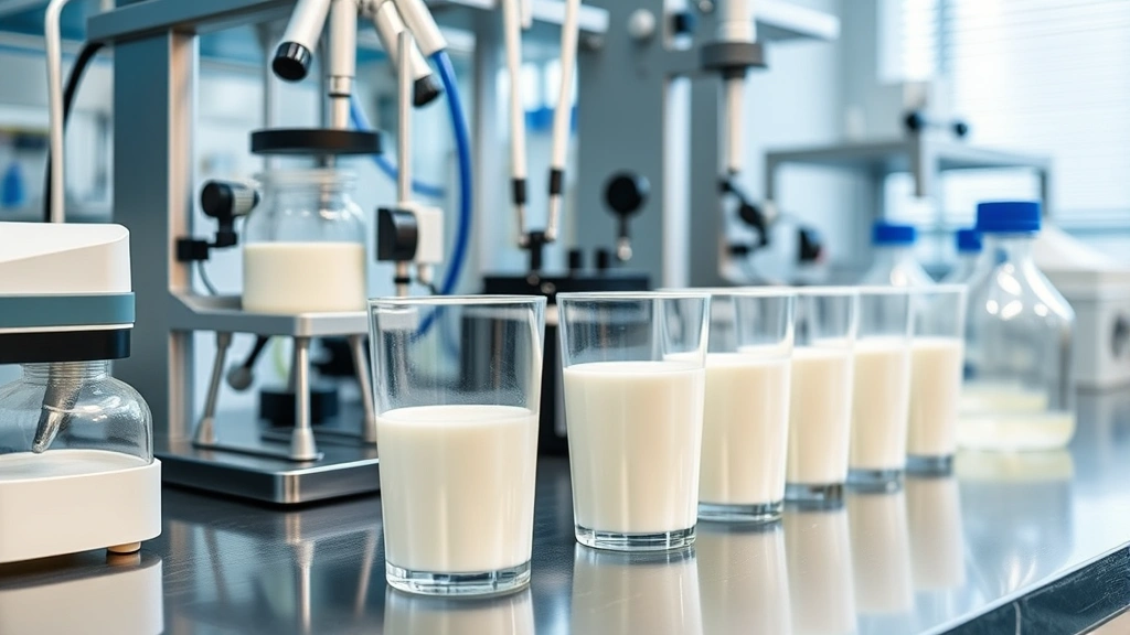 Modern laboratory equipment with filtered milk samples in glass containers, scientific analysis setup, professional dairy research environment, clean stainless steel surfaces
