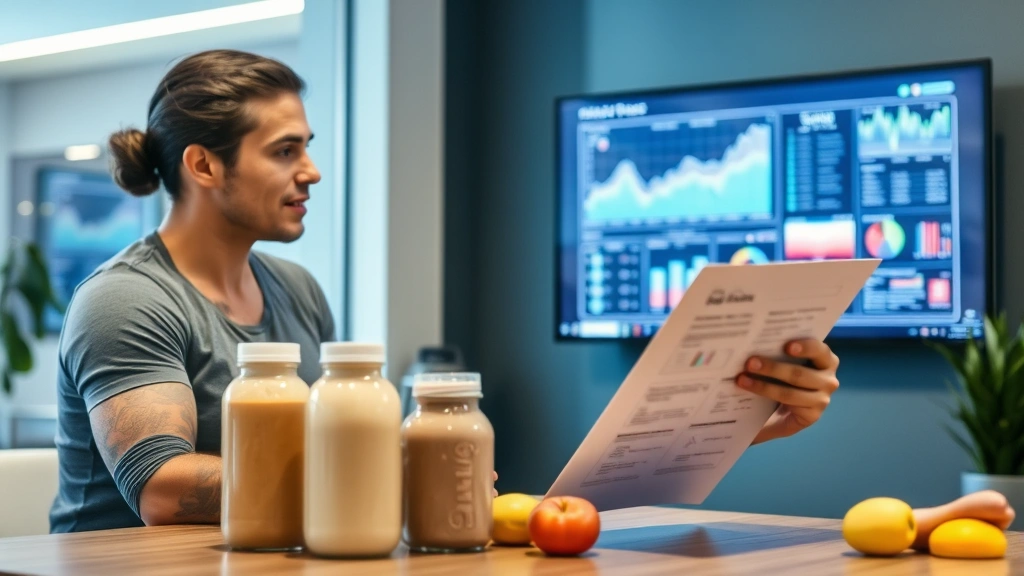Fitness professional reviewing client nutrition plan with protein shake bottles visible, healthy lifestyle consultation, modern wellness clinic, data visualization on background screen
