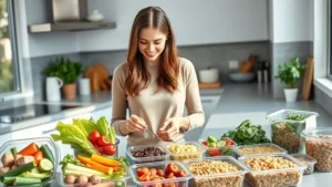 Busy mother in modern kitchen preparing colorful meal components including fresh vegetables, proteins, and whole grains in organized containers, natural daylight streaming through windows, professional food photography style