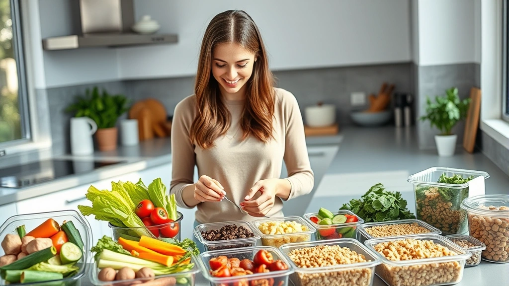 Busy mother in modern kitchen preparing colorful meal components including fresh vegetables, proteins, and whole grains in organized containers, natural daylight streaming through windows, professional food photography style