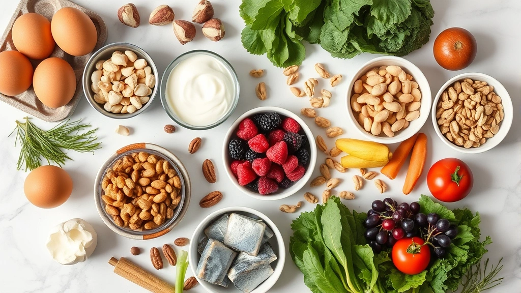 Overhead flat lay of nutrient-dense foods arranged artfully: eggs, Greek yogurt, canned fish, frozen berries, nuts, legumes, and fresh vegetables on marble countertop with soft natural lighting