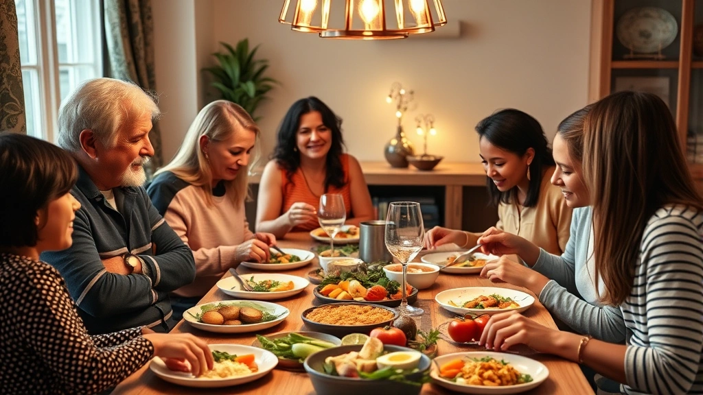 Diverse family gathered around dinner table sharing meal together, warm lighting, genuine moment of connection, multiple generations represented, fresh whole foods visible on plates and table