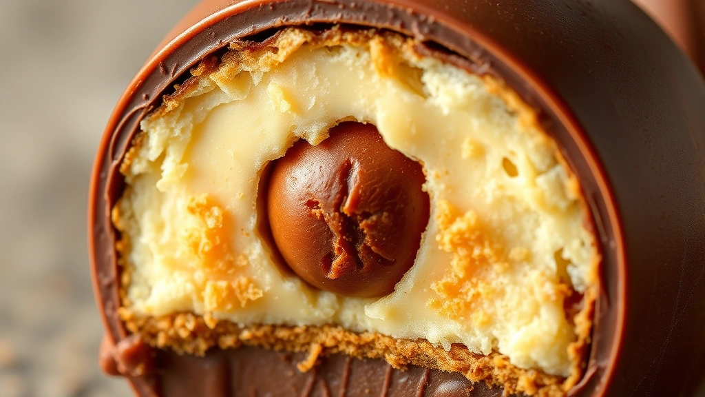 Close-up macro photography of Ferrero Rocher cross-section displaying internal structure with crispy wafer, creamy hazelnut filling, whole hazelnut center, and milk chocolate exterior, professional food photography style