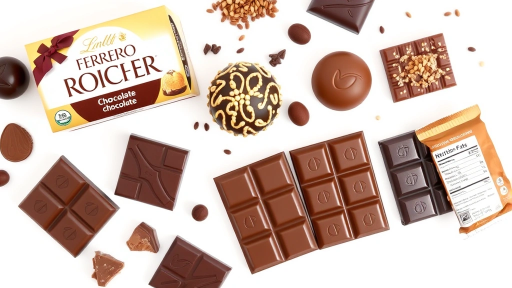 Overhead view of various premium chocolate confections arranged for comparison including Ferrero Rocher, Lindt truffle, and chocolate bar segments with nutrition label elements subtly visible, clean white background