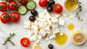 Overhead flat-lay composition of crumbled feta cheese on white marble surface with fresh Mediterranean ingredients—cherry tomatoes, Kalamata olives, cucumber slices, fresh oregano sprigs, olive oil drizzle, and lemon wedges, natural daylight, food photography style