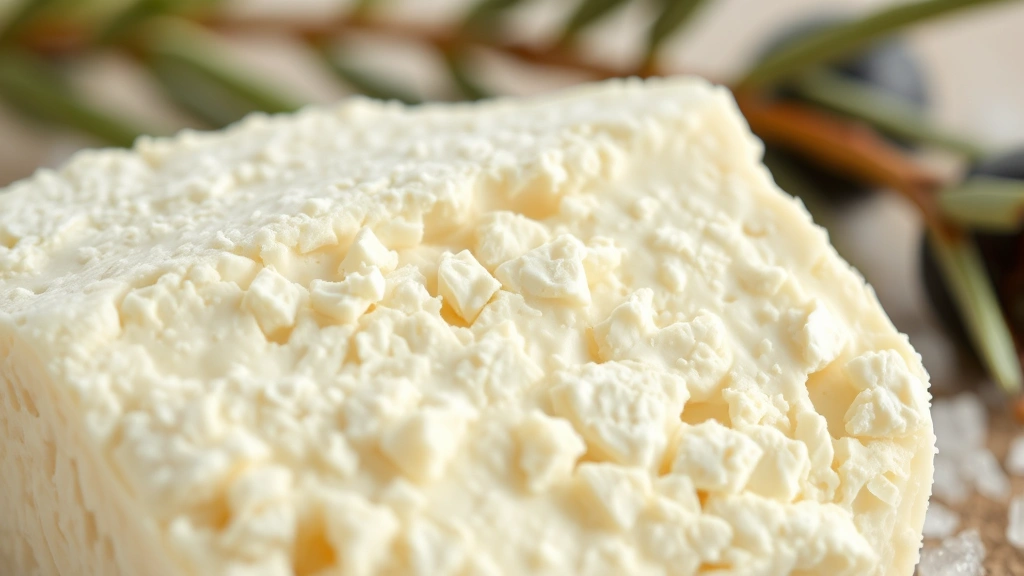 Close-up macro photograph of feta cheese crystal structure and texture, showing the characteristic crumbly composition and white color, with soft-focus Mediterranean background including olive branches and sea salt crystals
