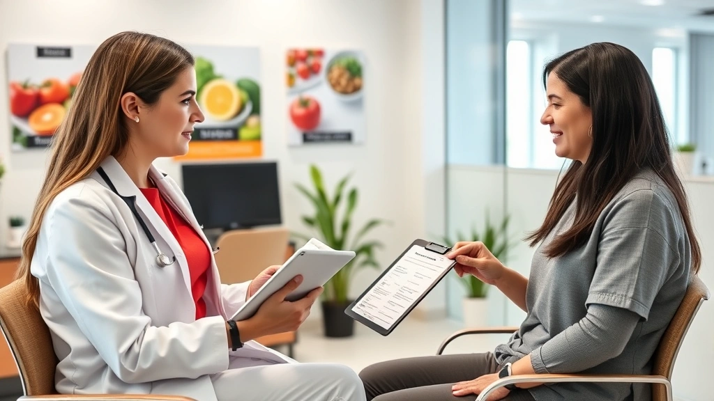 Nutritionist consulting with patient in modern clinical office, reviewing dietary guidelines and nutrition information on tablet device, professional healthcare setting with healthy food images on wall, warm natural lighting