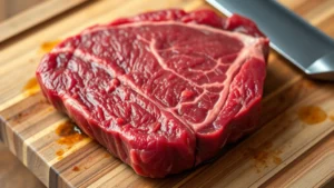 Close-up of raw filet mignon steak with visible marbling on cutting board, professional food photography, natural lighting, chef's knife beside it, wooden surface