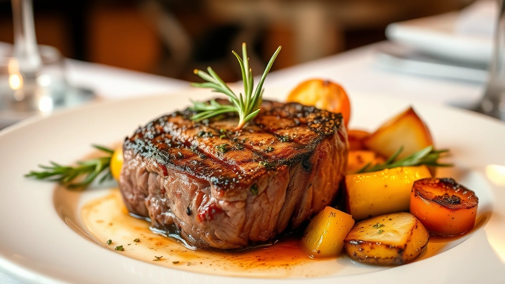 Cooked filet mignon steak on white plate with roasted vegetables and herbs, restaurant-quality presentation, steam rising, warm ambient lighting, garnished with rosemary