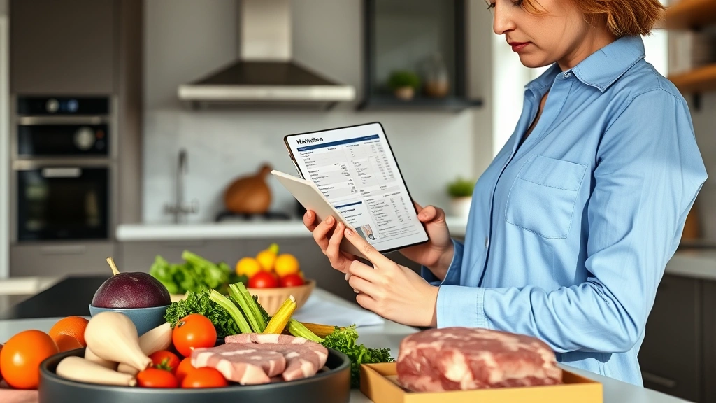 Nutritionist reviewing beef nutrition chart on tablet while fresh vegetables and filet mignon meat displayed on kitchen counter, modern home setting, natural daylight through windows