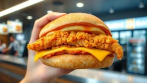 Close-up of a crispy golden Filet-O-Fish sandwich being held, showing the breaded fish fillet and melted cheese layers, with soft-focus background of a modern fast-food restaurant counter