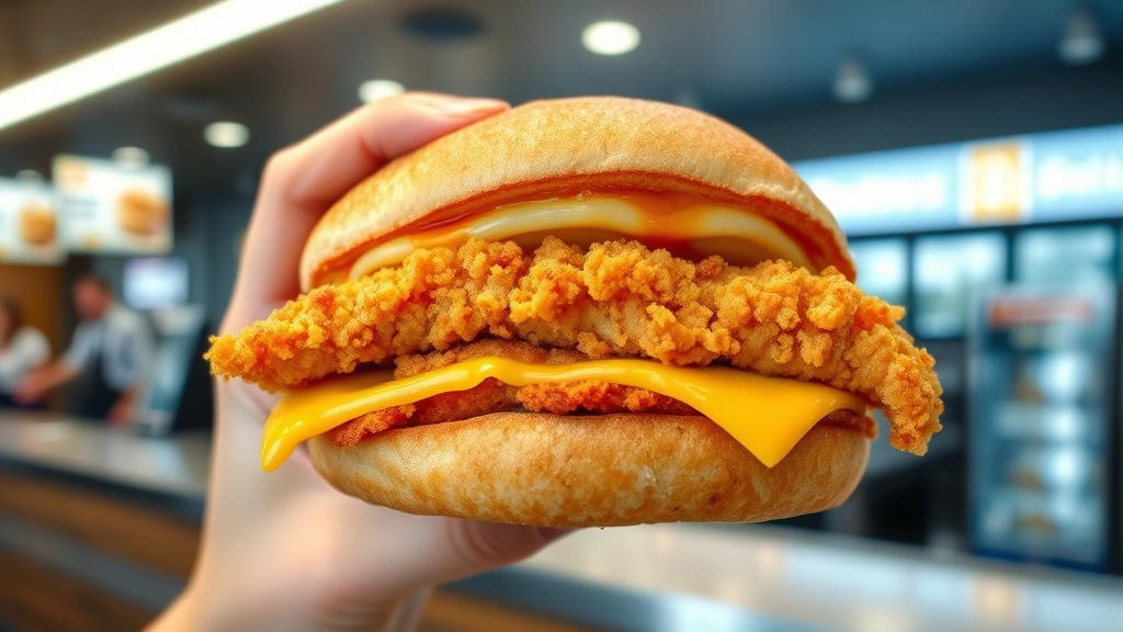 Close-up of a crispy golden Filet-O-Fish sandwich being held, showing the breaded fish fillet and melted cheese layers, with soft-focus background of a modern fast-food restaurant counter
