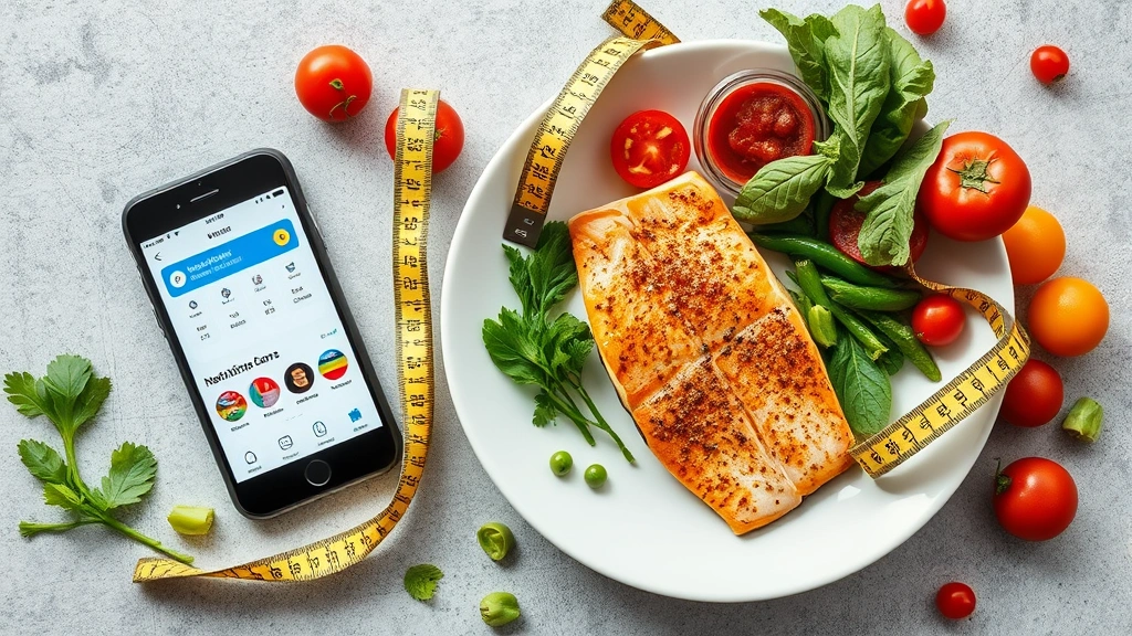 Flat lay composition of nutrition label elements: a measuring tape curved around a plate with fish fillet, scattered vegetables, and a smartphone displaying nutrition tracking app, natural lighting