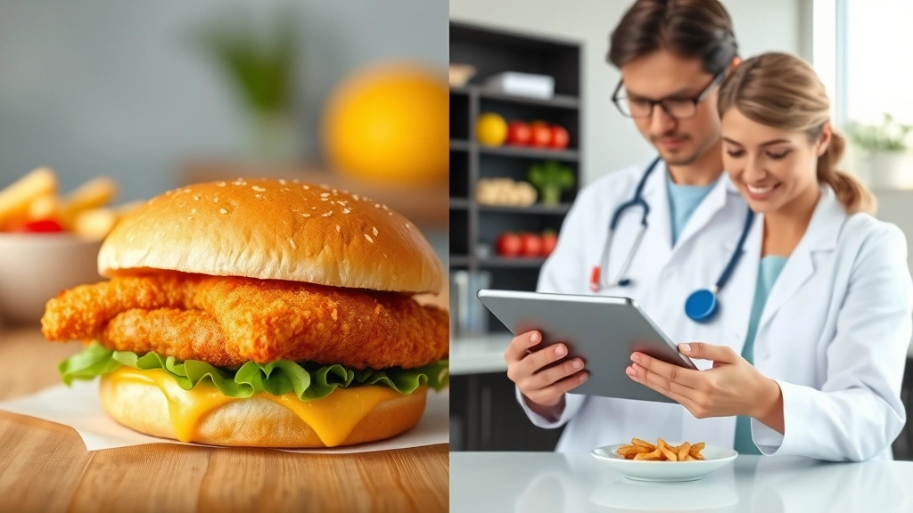 Split-screen visual showing a Filet-O-Fish sandwich on left side and a nutritionist reviewing nutrition data on tablet on right side, modern clinic setting with healthy food choices visible