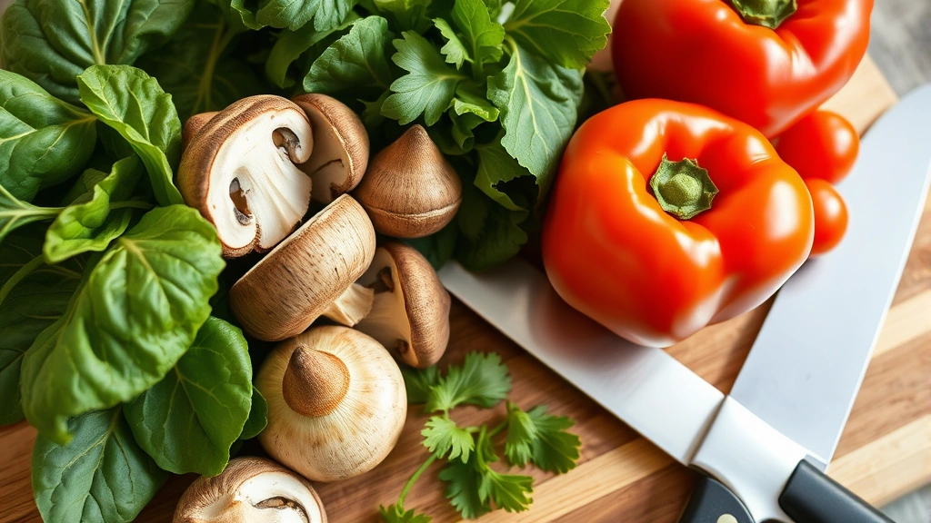 Close-up of colorful farmer's market fresh vegetables—spinach, mushrooms, bell peppers, tomatoes—arranged on wooden cutting board with chef's knife, bright natural lighting, completely text-free