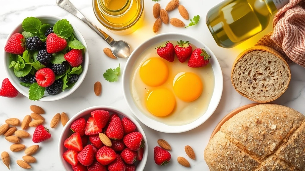 Flat lay of balanced breakfast components: eggs, fresh berries, leafy greens, almonds, olive oil bottle, and whole grain bread on marble countertop, professional food photography style, no visible text