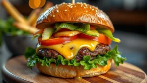 Close-up of gourmet burger with melted cheese and fresh vegetables on wooden board, professional food photography, warm lighting, shallow depth of field, no visible text or branding
