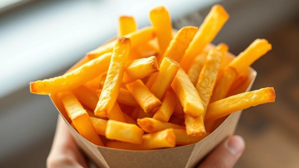 Hand-cut golden french fries in paper container being held, steam rising, natural lighting, detailed texture of crispy exterior, vibrant golden color, no text or logos visible