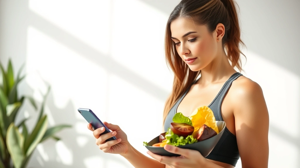 Fitness-focused scene of person reviewing nutrition information on phone while holding healthy meal, bright natural light, modern setting, focused expression, no screen text readable, clean minimalist background