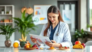 Professional dietitian reviewing colorful nutrition charts and calorie data on tablet, modern clinic setting with healthy food props, natural lighting