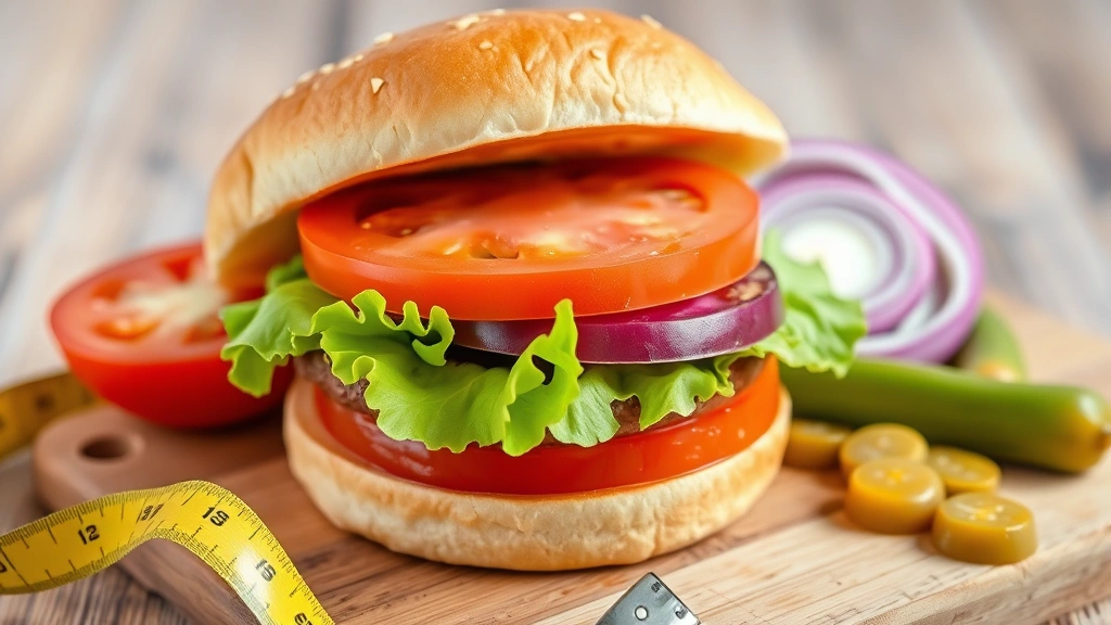 Close-up of fresh burger ingredients—lettuce, tomato, onion, pickles—artfully arranged on wooden surface with measuring tape, bright food photography style