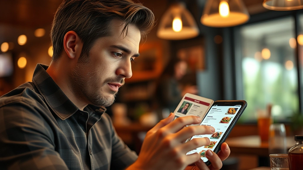 Person reviewing digital menu on smartphone at casual restaurant, thoughtful expression analyzing nutritional information, warm indoor lighting, realistic modern scene