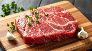 Professional food photography of raw flank steak on wooden cutting board with fresh herbs and garlic, natural lighting, detailed muscle grain structure visible, no text or labels