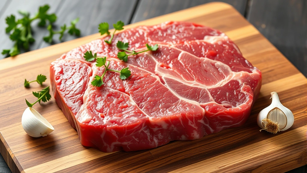 Professional food photography of raw flank steak on wooden cutting board with fresh herbs and garlic, natural lighting, detailed muscle grain structure visible, no text or labels