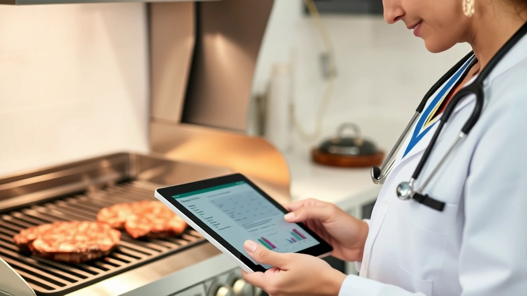 Dietitian reviewing nutritional data on tablet while fresh flank steak cooks on modern grill in background, professional kitchen setting, focus on tablet screen showing nutrition information