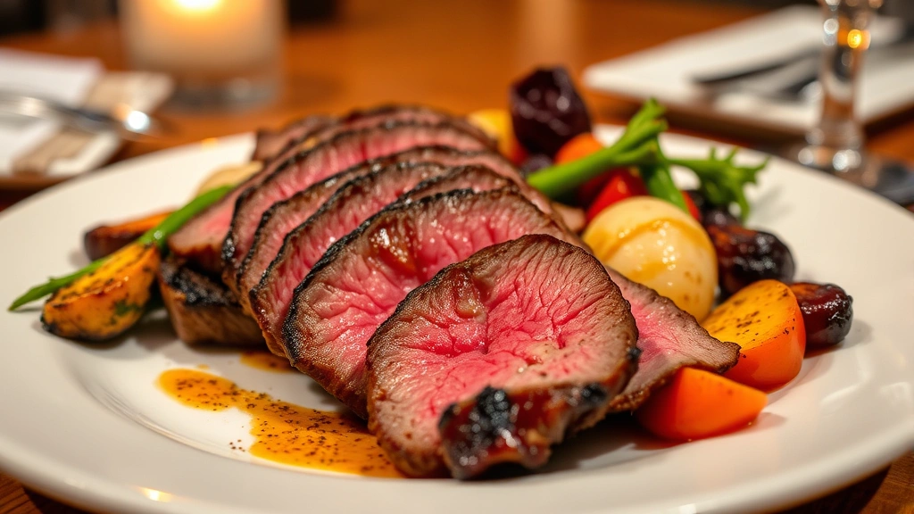 Beautifully plated grilled flank steak sliced medium-rare with roasted vegetables, vibrant colors, restaurant-quality presentation, warm ambient lighting, no nutritional labels visible