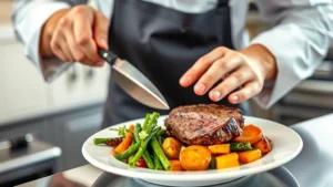 Professional chef plating a perfectly cooked flank steak with vibrant roasted vegetables on a modern white plate in a bright kitchen setting