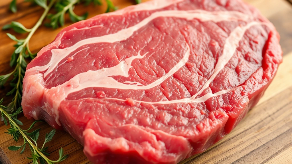 Close-up of a raw flank steak showing marbling and muscle fiber texture on a wooden cutting board with fresh herbs nearby
