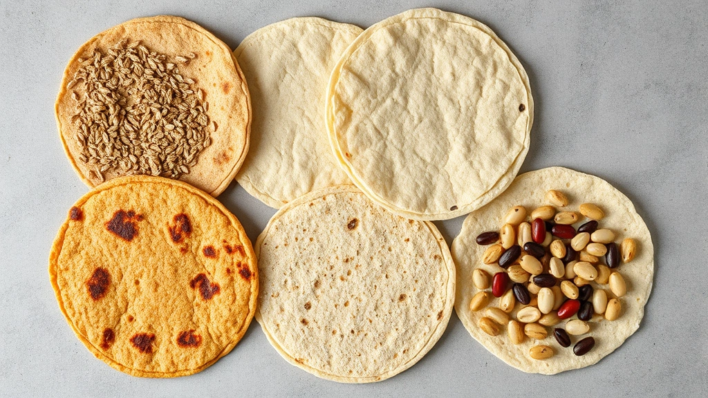 Overhead view of various tortilla types arranged on a neutral surface: whole wheat, sprouted grain, regular flour, and legume-based tortillas showing color and texture differences in natural lighting