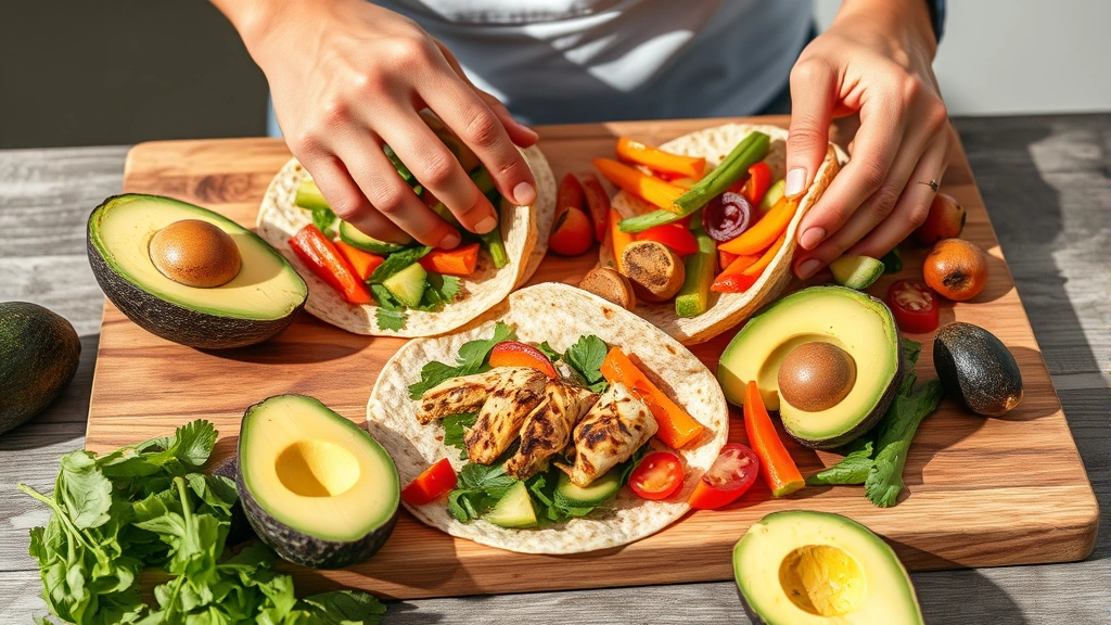 Person preparing a balanced meal with whole grain tortillas, fresh vegetables, grilled chicken, and avocado slices on a wooden cutting board in bright natural lighting