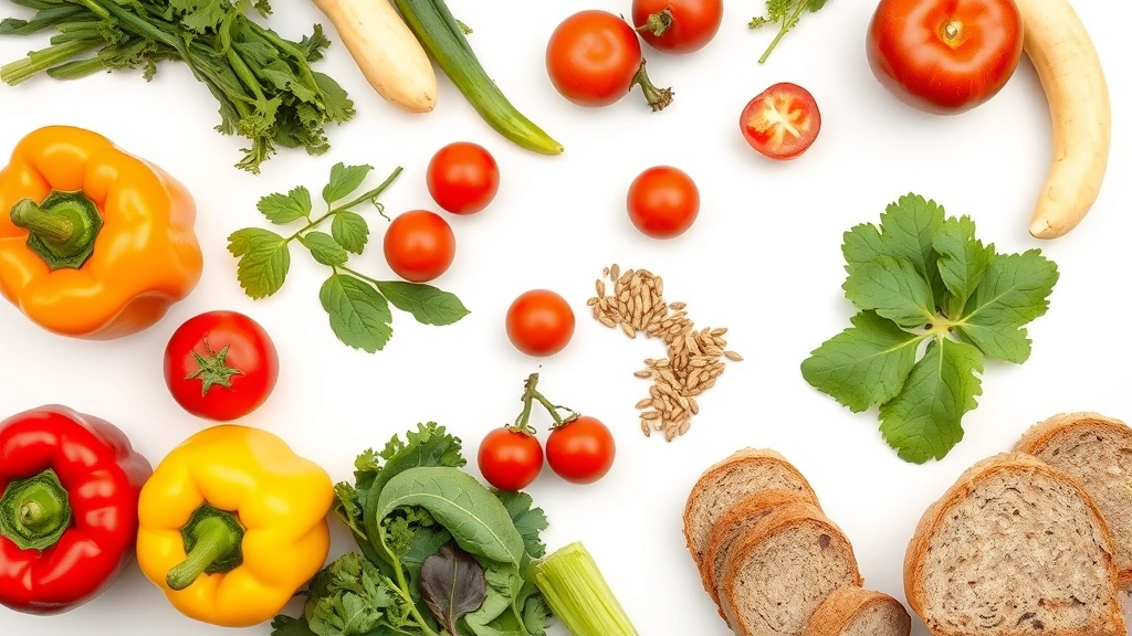Overhead view of colorful vegetable ingredients including bell peppers, tomatoes, leafy greens, and whole grain bread arranged on a bright white surface