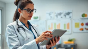 Professional dietitian in modern clinic reviewing nutrition facts labels on tablet computer, bright natural lighting, focused expression analyzing data, contemporary healthcare setting with nutritional charts visible in background