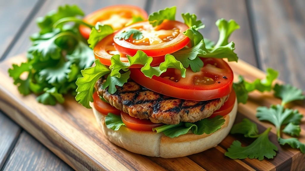 Colorful healthy burger assembly with fresh vegetables, leafy greens, tomato slices, and grilled patty on wooden cutting board, professional food photography with natural daylight, no text or branding visible