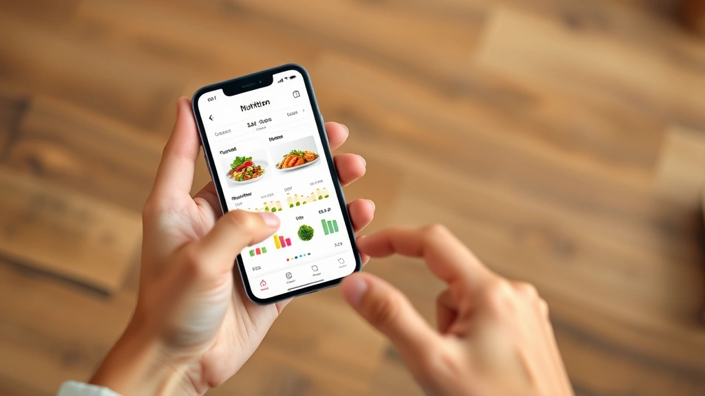 Person holding smartphone displaying nutrition tracking app with macronutrient charts and meal logging interface, modern minimalist design, hands visible making healthy food choice, bright screen showing data visualization
