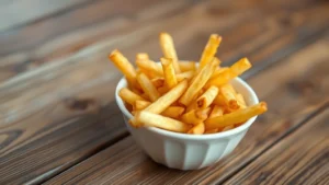 Close-up of golden crispy french fries in a white ceramic bowl on rustic wooden table, shallow depth of field, warm natural lighting, food photography style, no text or labels visible