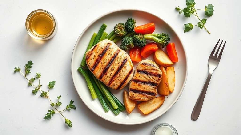 Overhead flat lay of healthy meal components including grilled chicken breast, steamed vegetables, and modest portion of baked potato wedges on a light plate, bright natural light, minimalist composition, no text or labels